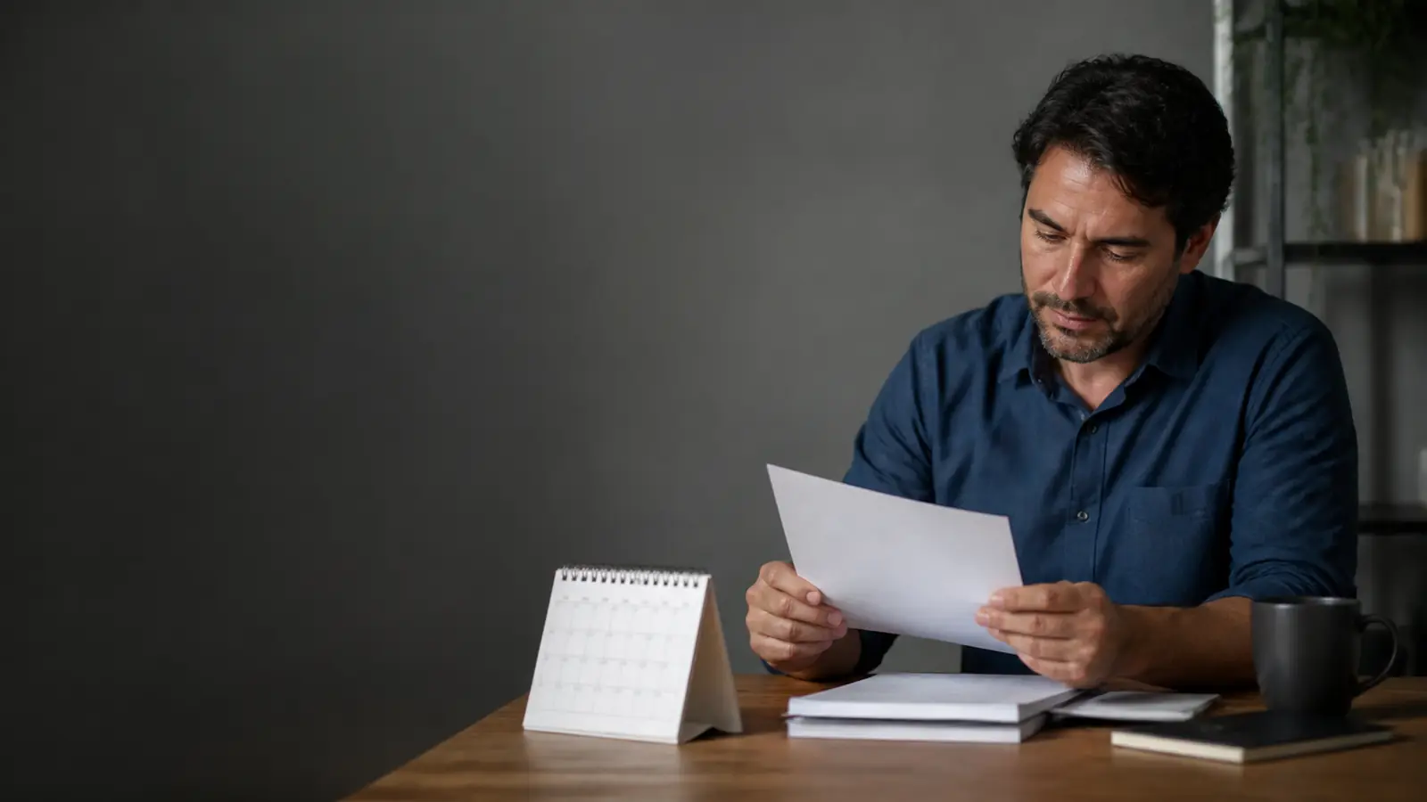 Pessoa revisa um documento ao lado de um calendário.