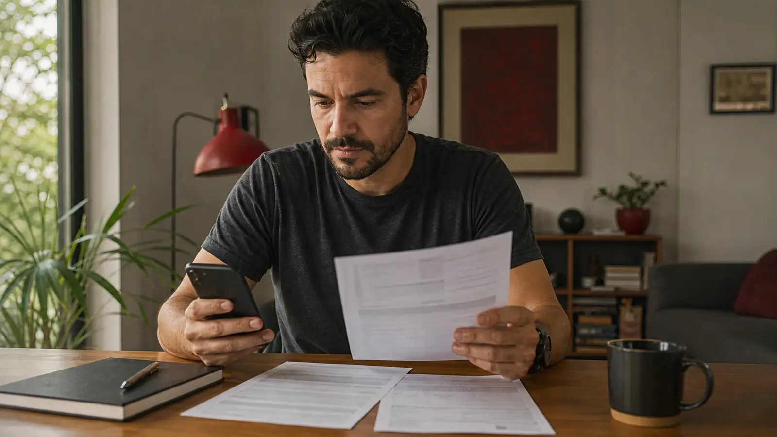 Pessoa confere contracheques e mensagens com atenção em casa.